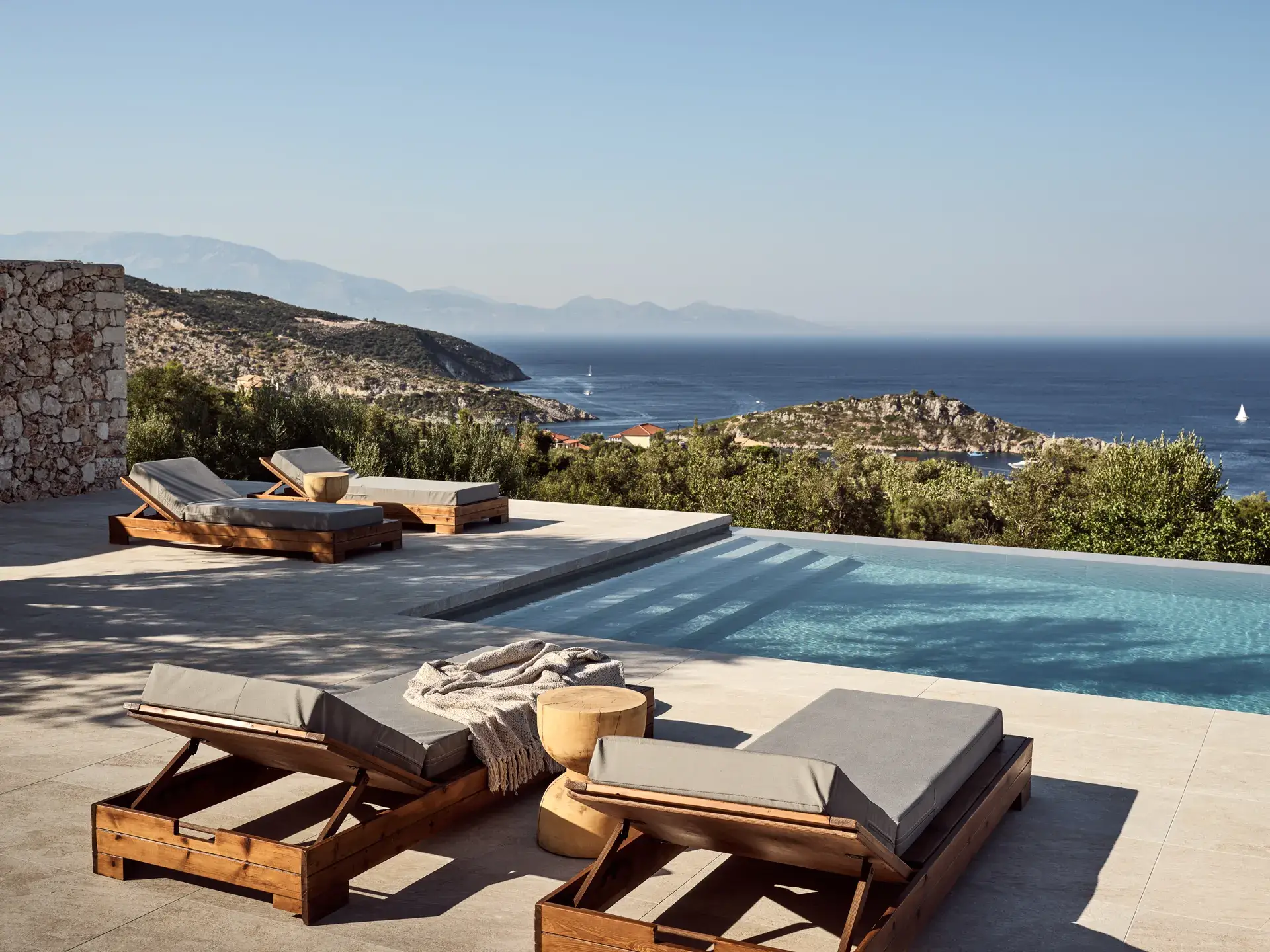 Discover Veda Villa in Volimes Zakynthos, a luxury villa with a private pool, hydromassage features, outdoor stone bath, premium amenities and stunning Ionian Sea views.